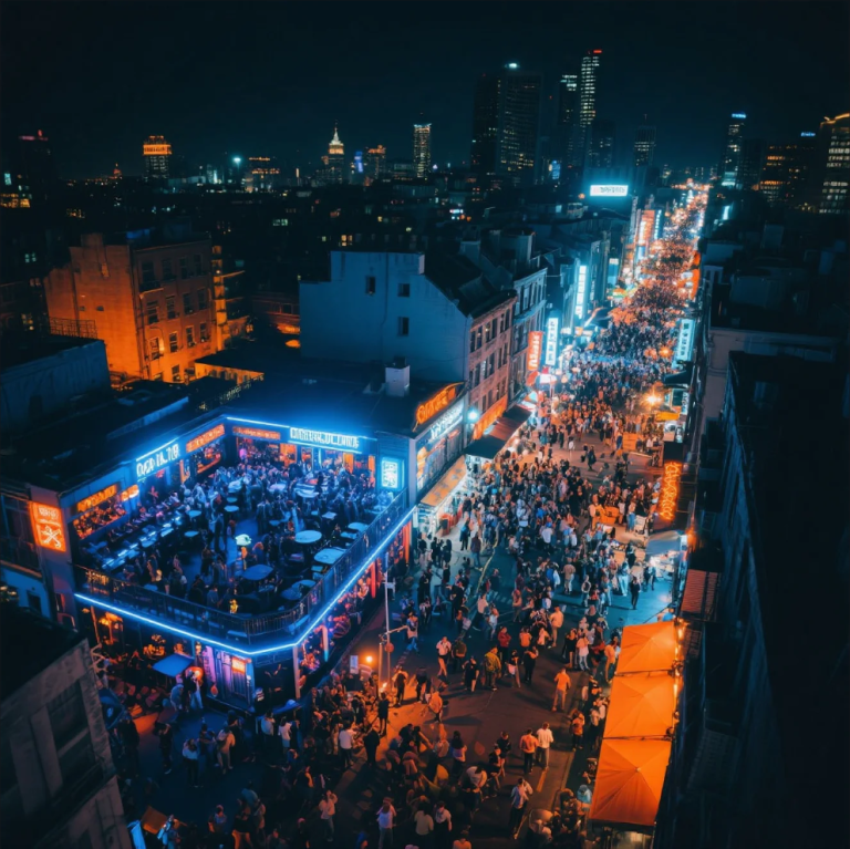 Vibrant nightlife in Bangkok with rooftop bars and neon lights