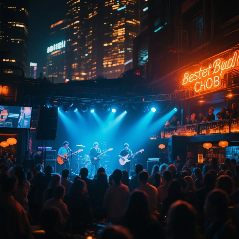 Crowd enjoying live music at nightclub with stage lights