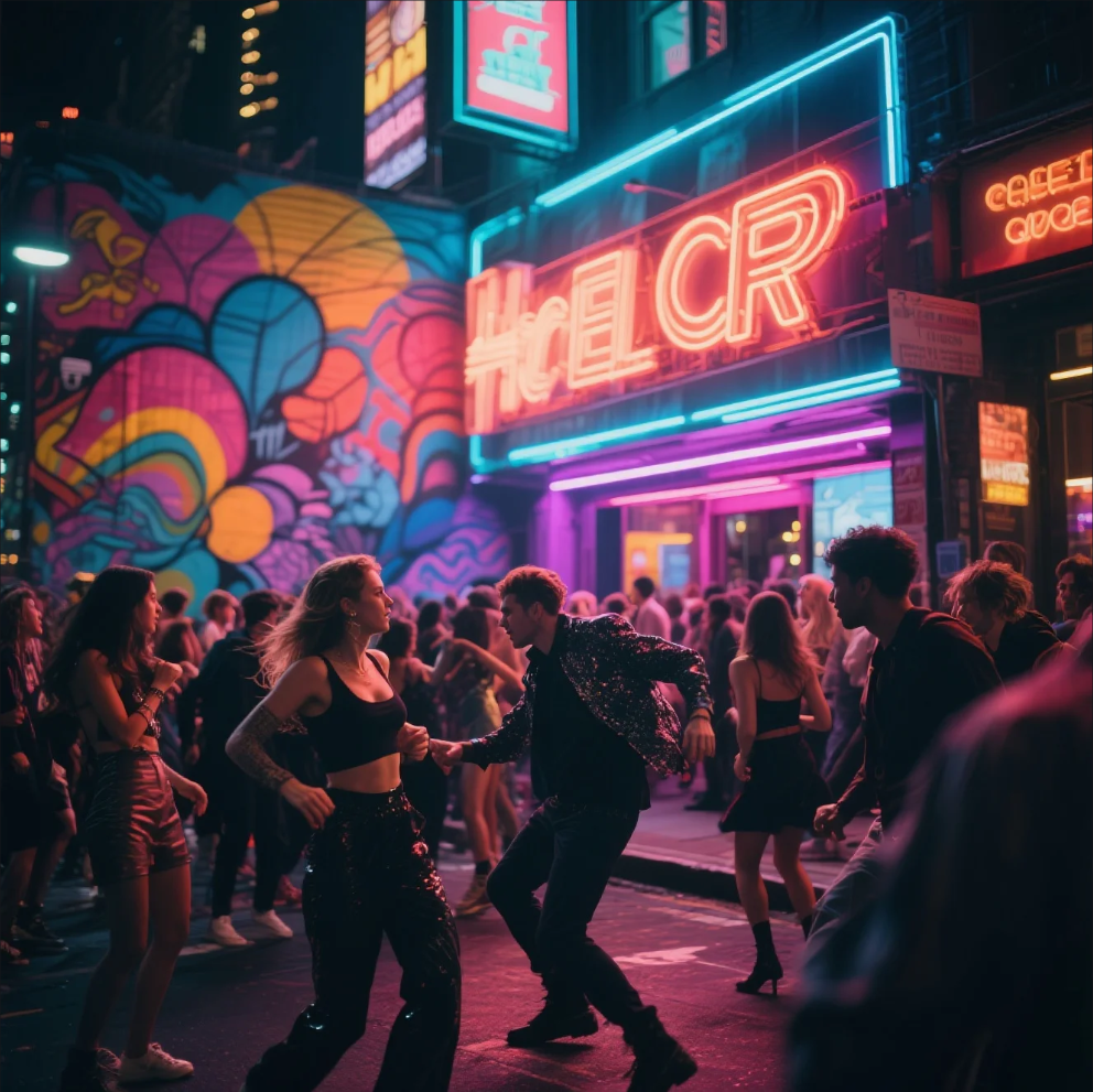 City skyline glowing at night with bustling nightlife spots, neon lights, and crowds enjoying urban culture