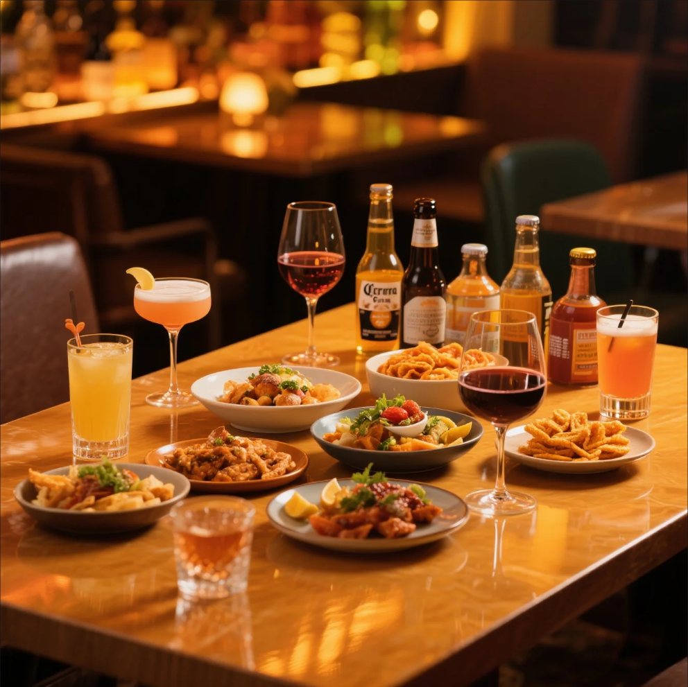 Friends enjoying food and cocktails during a night out