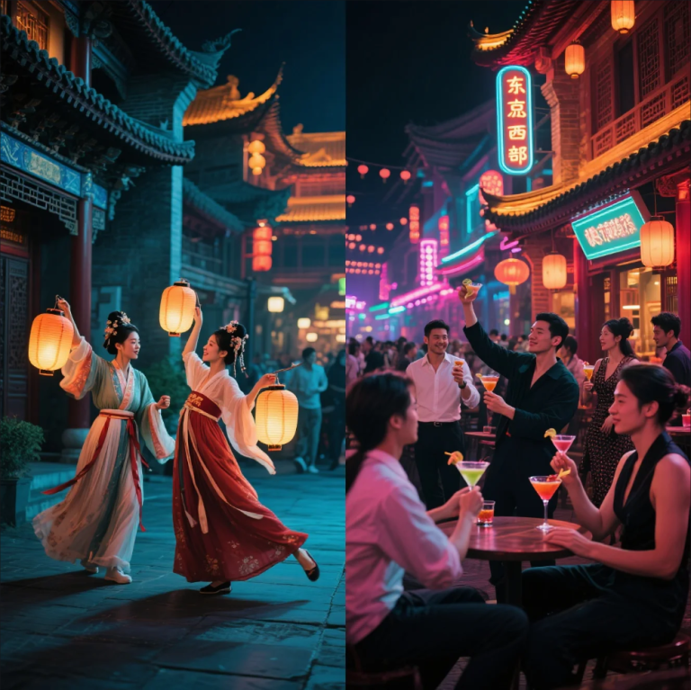 Comparison of nightlife culture: Asian friends enjoying karaoke and Western crowd dancing in a club