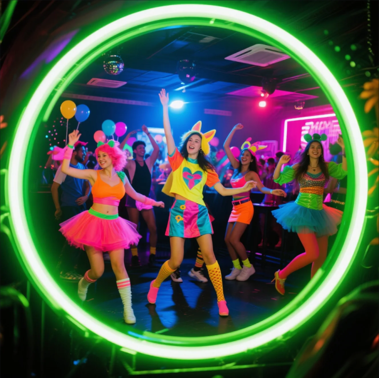 Partygoers in creative costumes enjoying a nightlife event with themed décor
