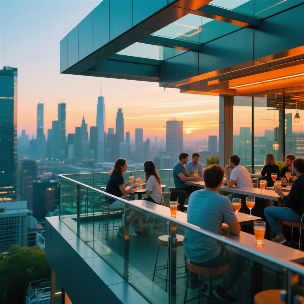 Rooftop bar with cocktails overlooking a city skyline at night
