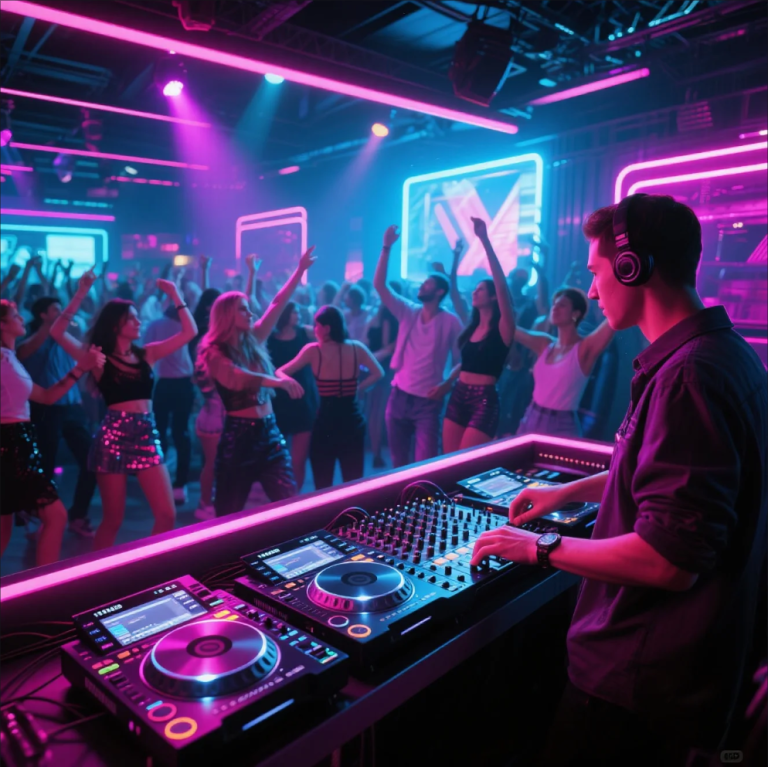 DJ performing live in a nightclub with crowd and lights