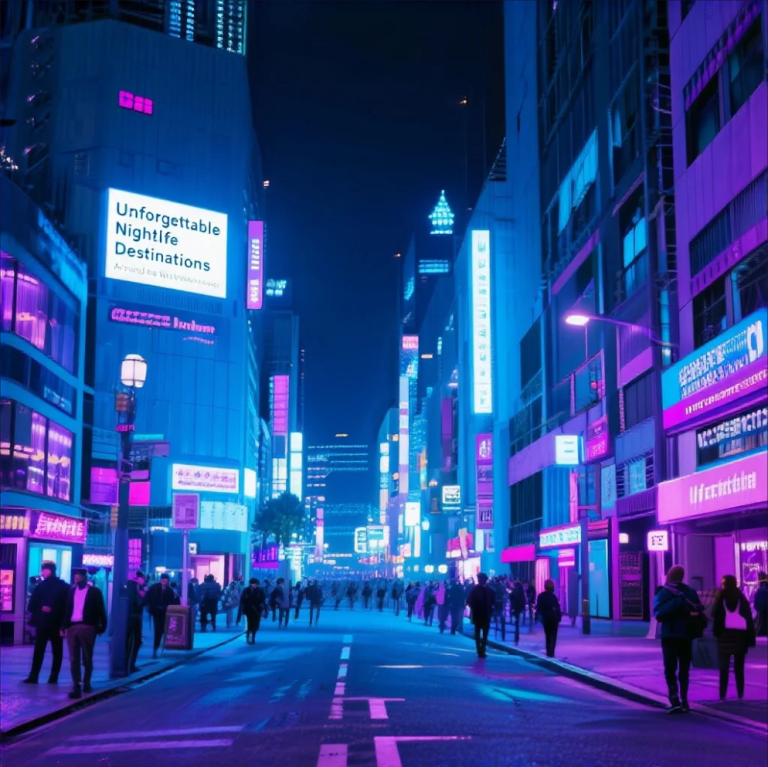 City skyline at night with vibrant nightlife lights and people enjoying the evening