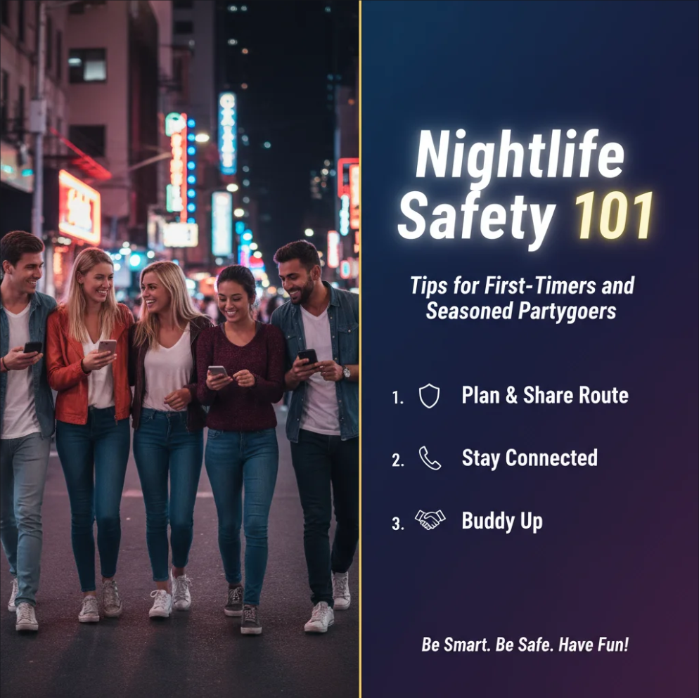 Group of friends enjoying nightlife while staying safe with planned transport and responsible drinking