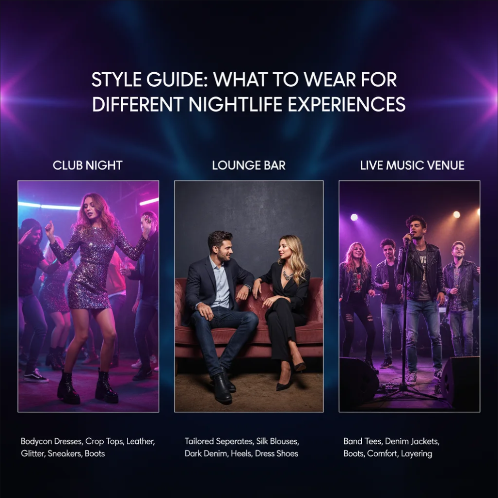 Style guide outfits for nightlife experiences including clubs, lounges, and concerts