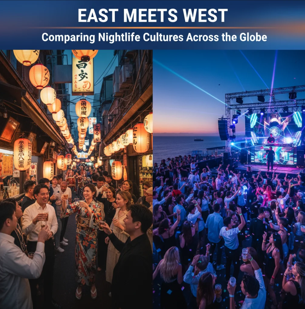 East meets West nightlife cultures with contrasting city lights and entertainment styles