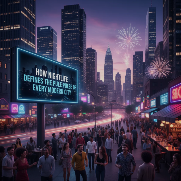 City skyline at night with bright lights, people socializing in bars and clubs, representing the vibrant nightlife culture of modern cities.