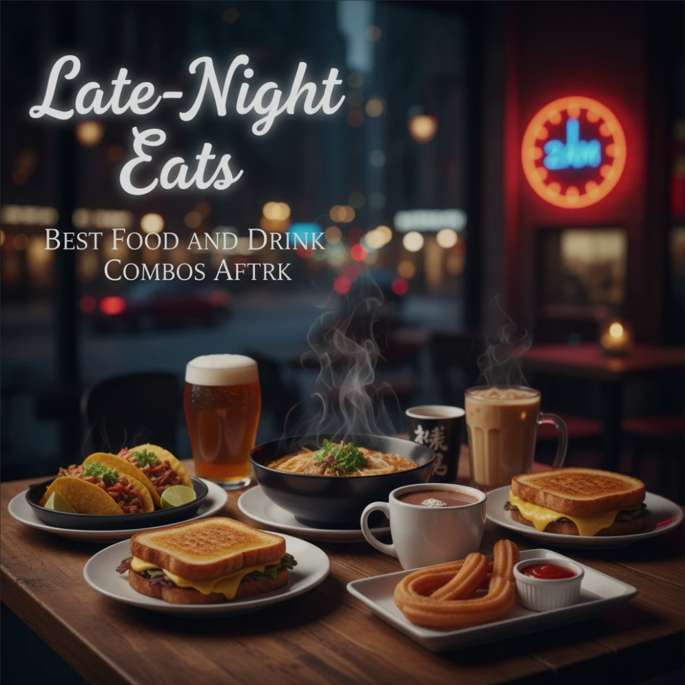 A vibrant table with late-night food and drink pairings — burgers, noodles, and cocktails lit by warm evening lights.