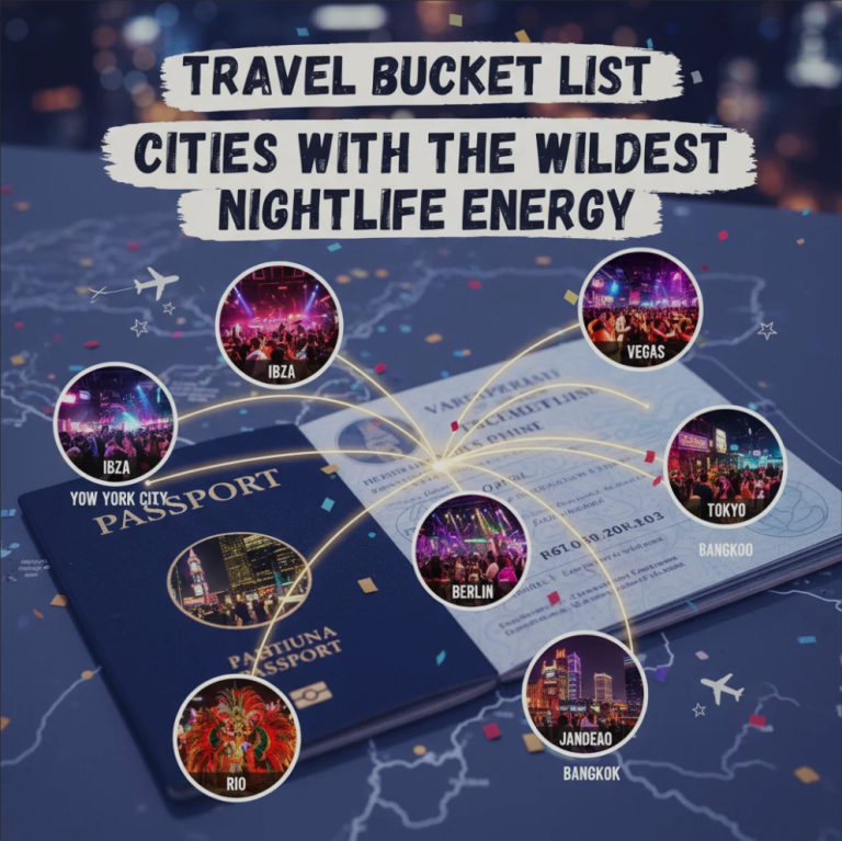 Colorful city nightlife with people dancing, neon lights, and iconic landmarks symbolizing vibrant nightlife energy around the world.