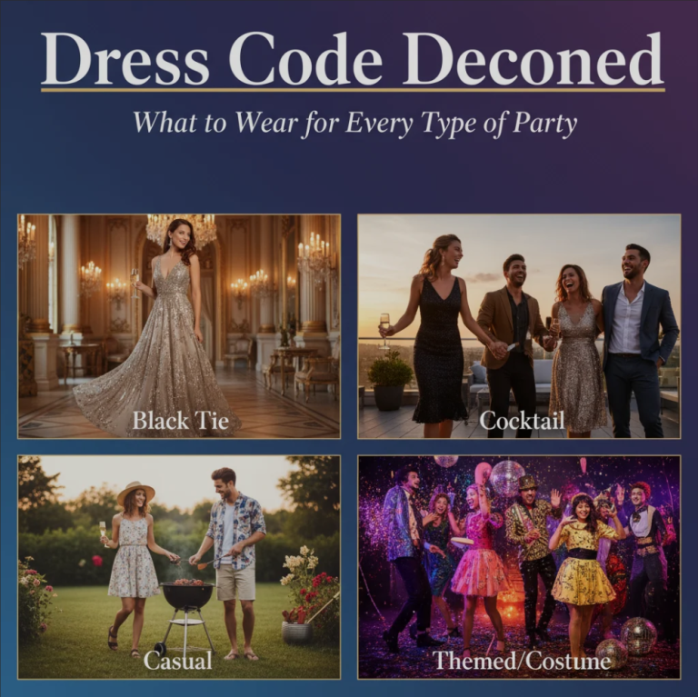 Fashionable people dressed for different types of parties, from casual to formal.