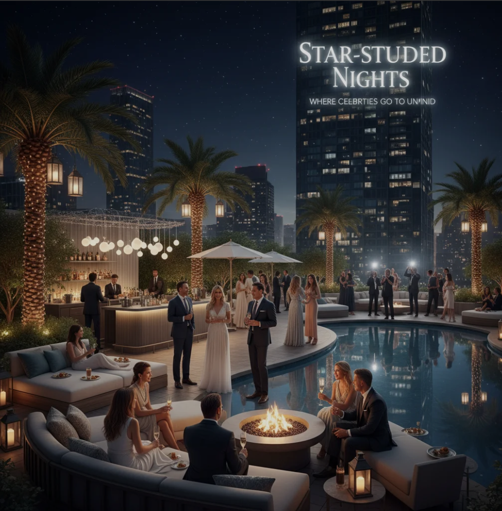 Celebrities enjoying a luxury rooftop lounge under the stars