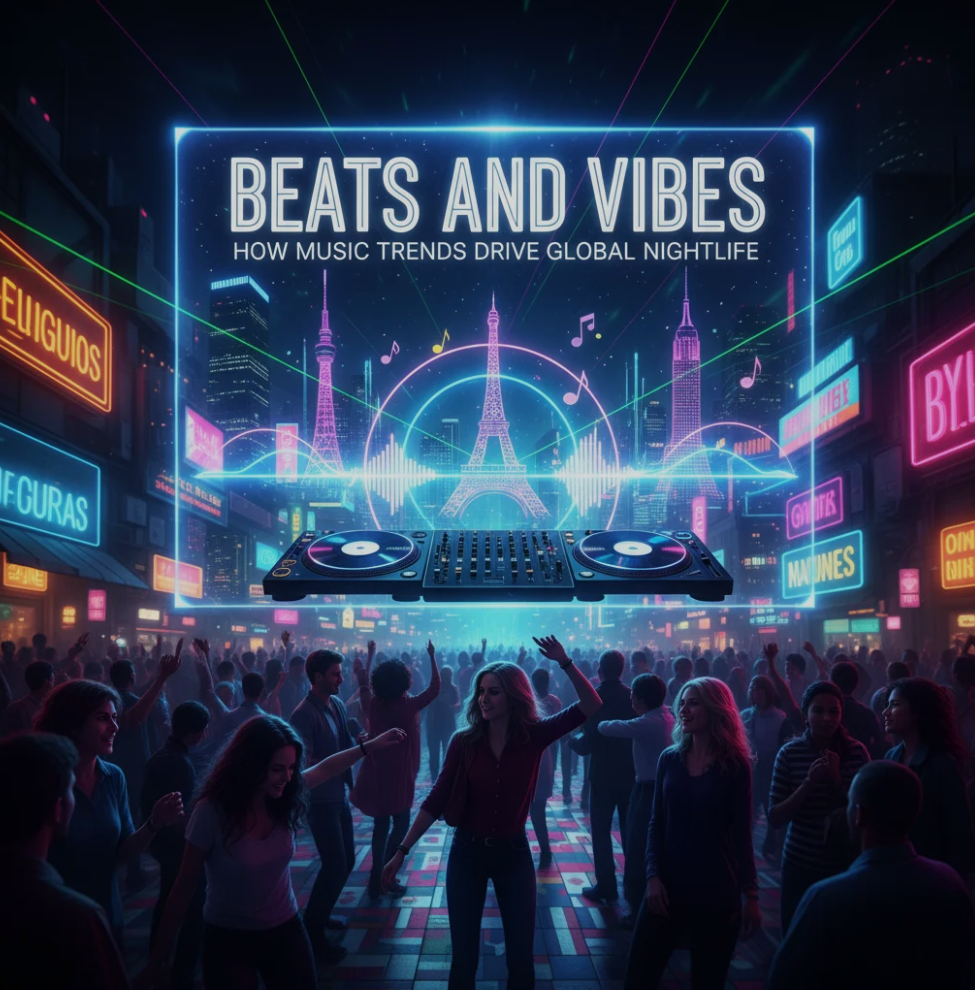 DJ playing music at a global nightlife event surrounded by dancing crowd