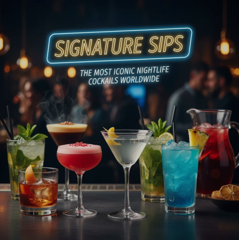 A selection of iconic nightlife cocktails served at a stylish bar.