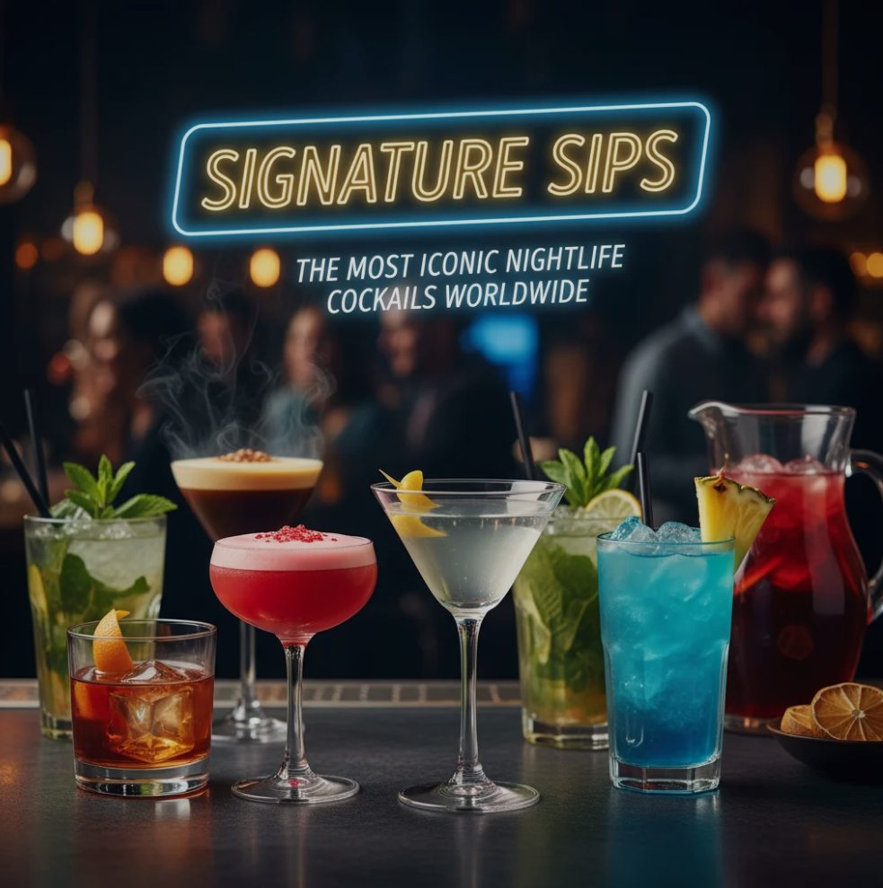 A selection of iconic nightlife cocktails served at a stylish bar.