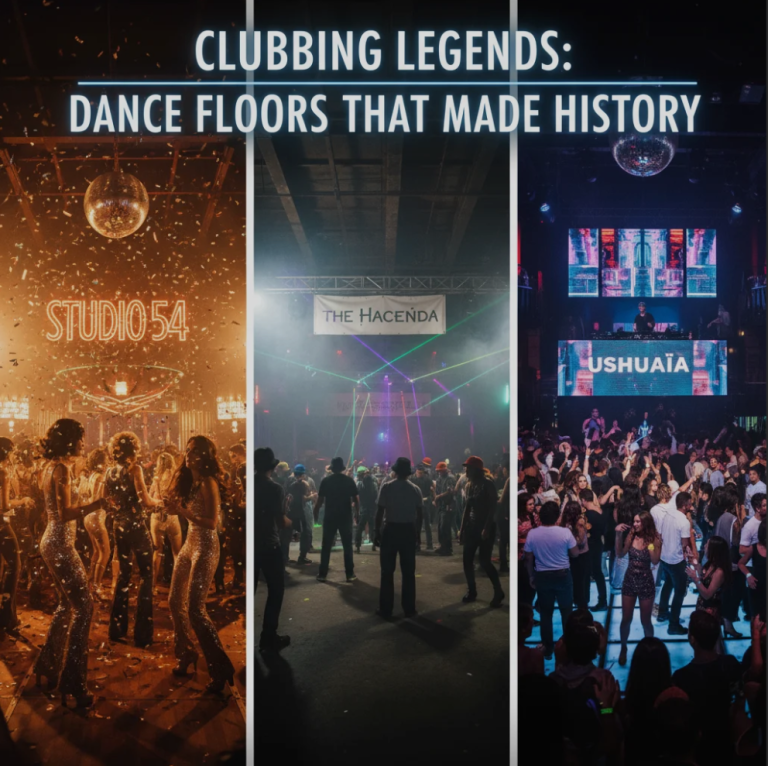Legendary nightclub dance floor filled with dancing people and lights