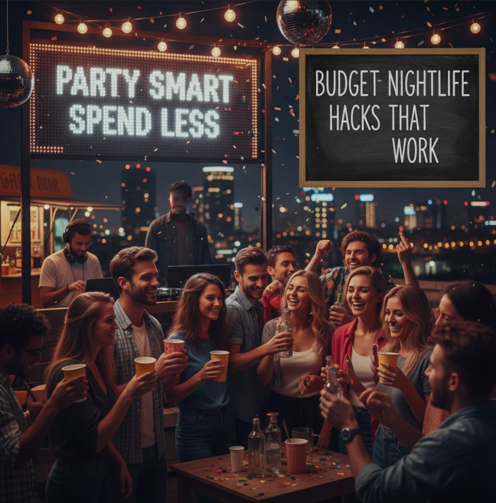 Group of friends enjoying nightlife on a budget with city lights in the background