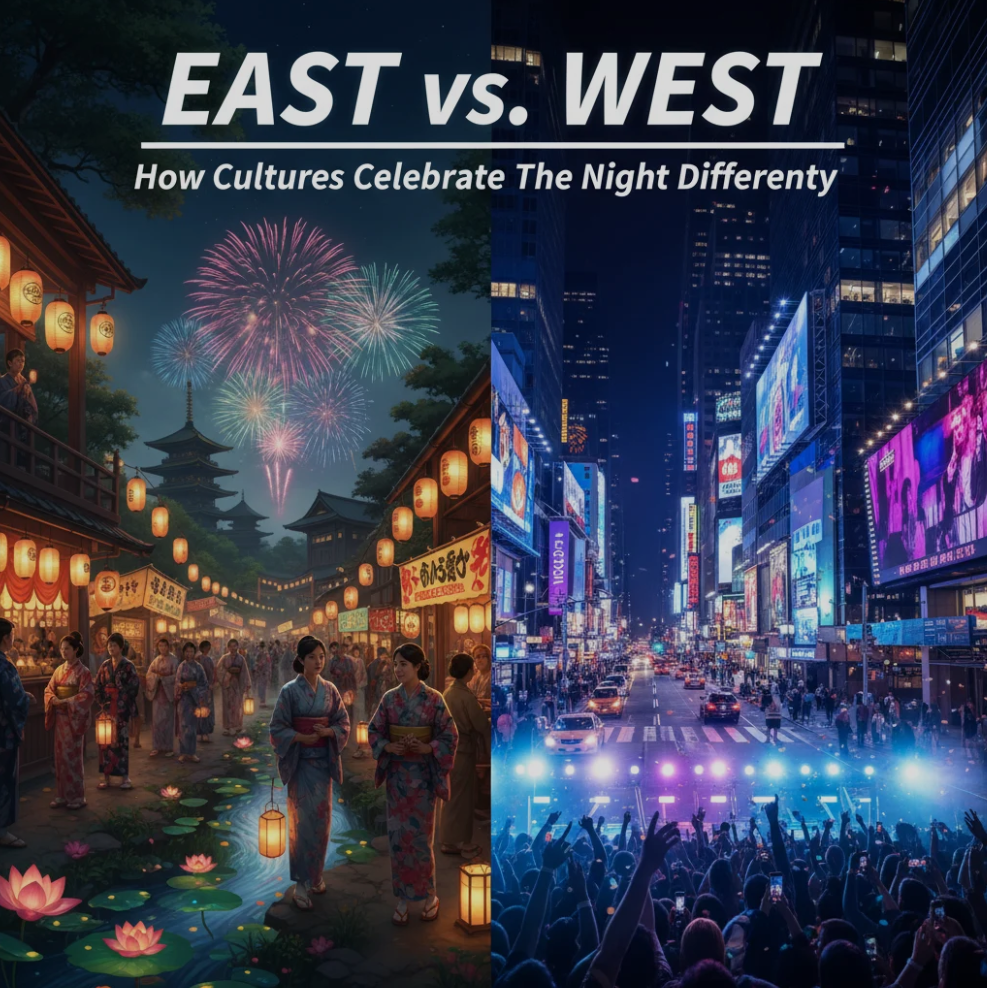 Contrast of Eastern lantern festival and Western city nightlife with neon lights