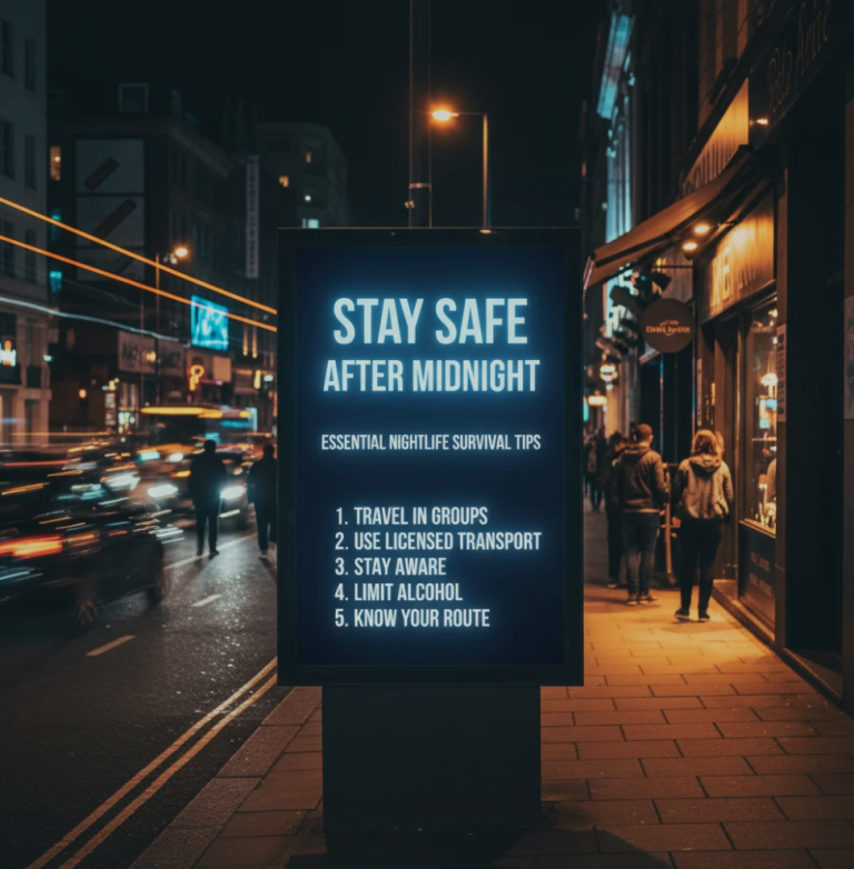 Group of friends walking safely at night in a city after a night out