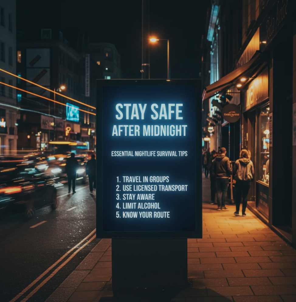 Group of friends walking safely at night in a city after a night out