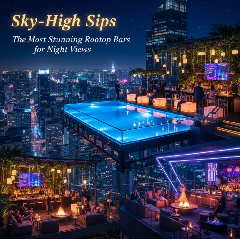Guests enjoying sunset and night cityscape from rooftop bar