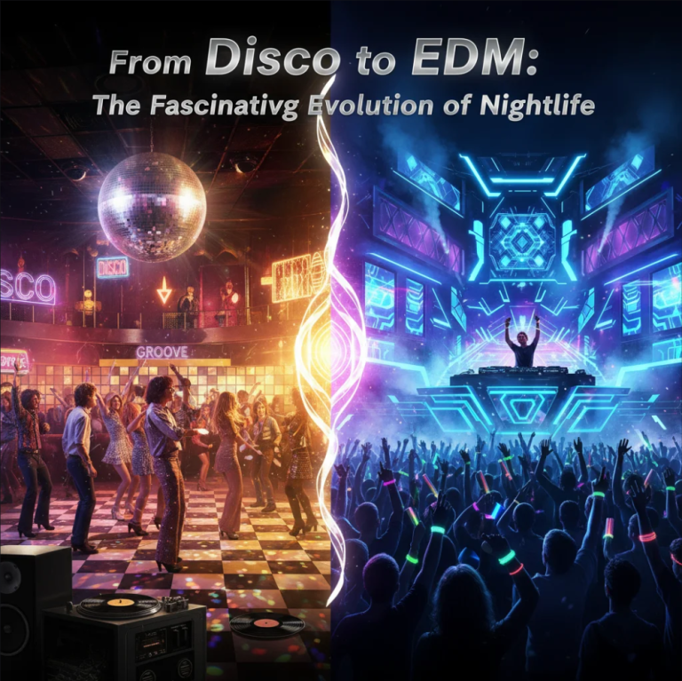 1970s disco dance floor with glittering disco ball and dancers