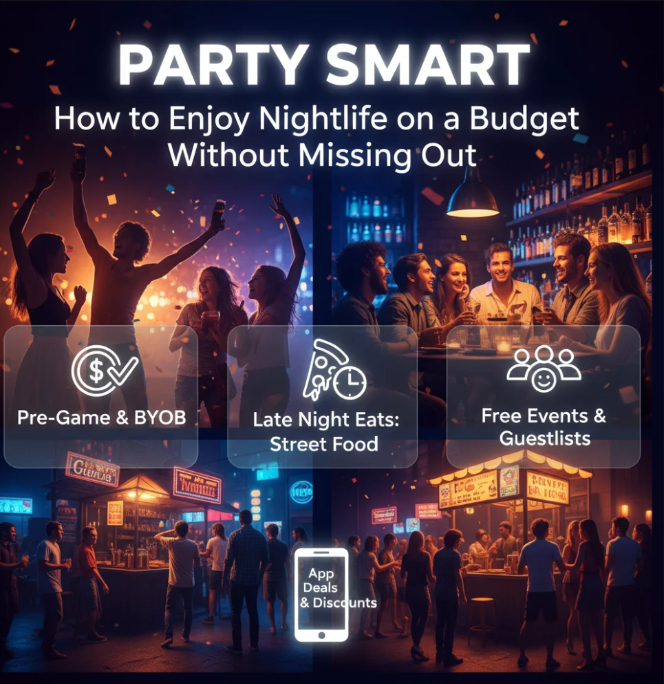 Friends enjoying a lively nightlife moment on a budget, representing affordable city fun and smart partying tips