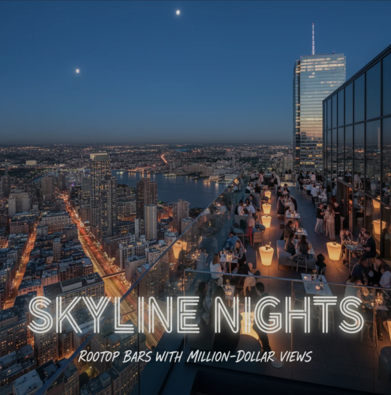 Guests enjoying cocktails at a rooftop bar overlooking a sparkling city skyline at night