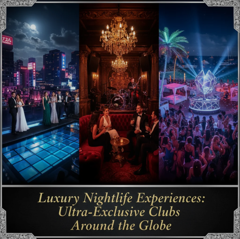 A glamorous rooftop club with champagne service, luxury décor, and a city skyline view at night.