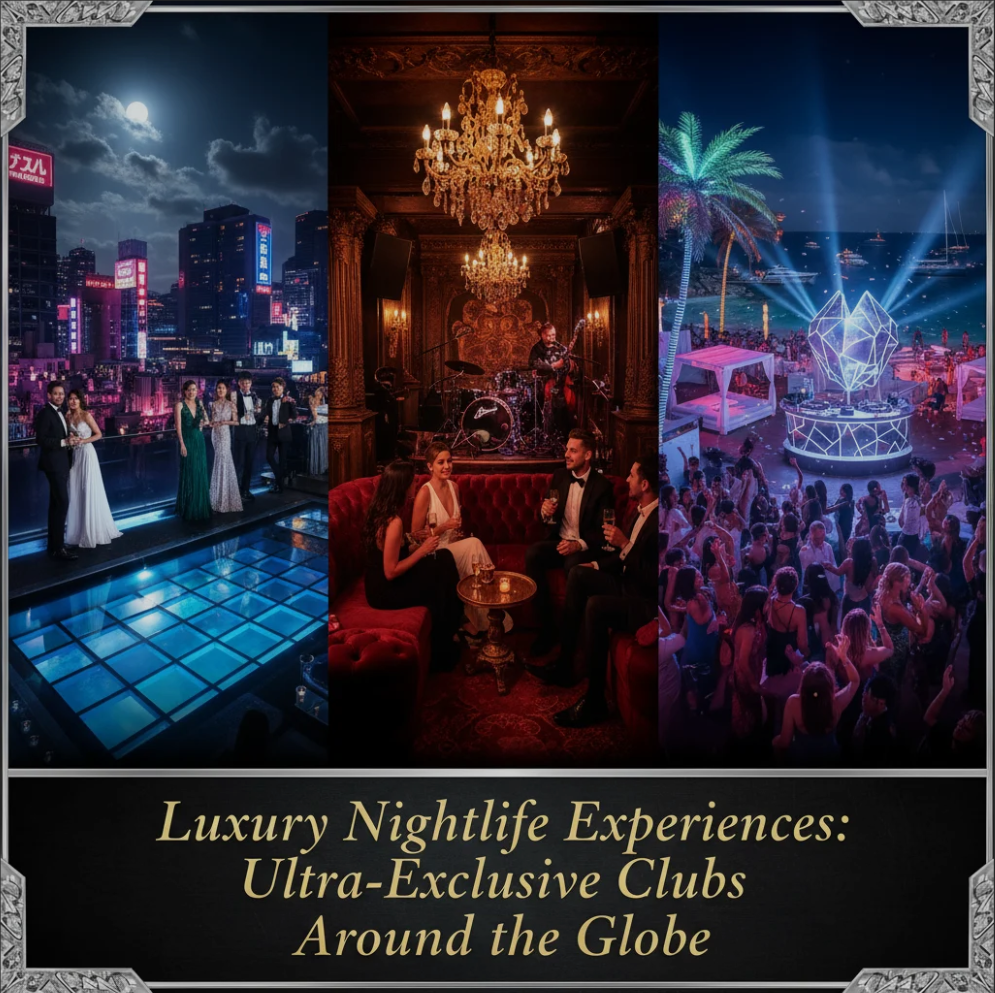 A glamorous rooftop club with champagne service, luxury décor, and a city skyline view at night.