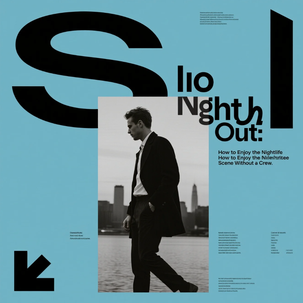 Person enjoying a solo night out at a bar with city lights in the background