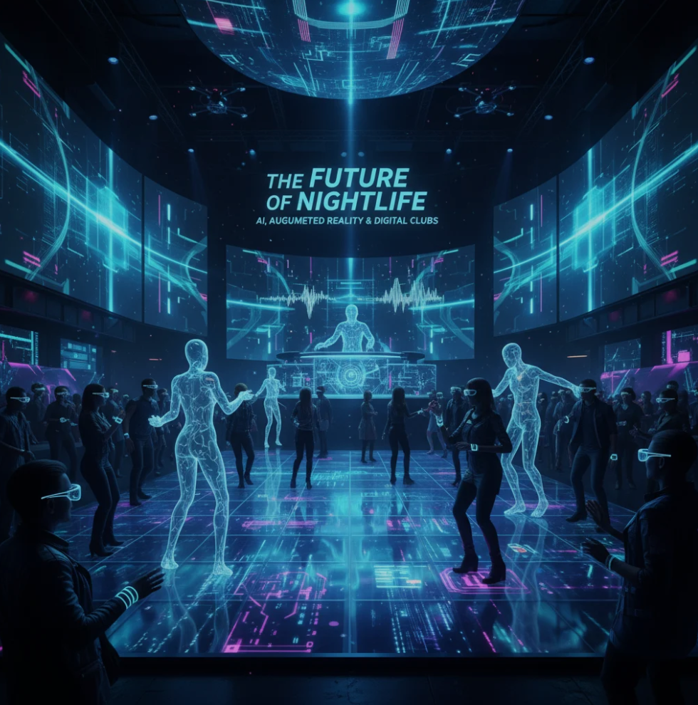 People dancing in a futuristic nightclub enhanced with AI lighting and augmented reality visuals