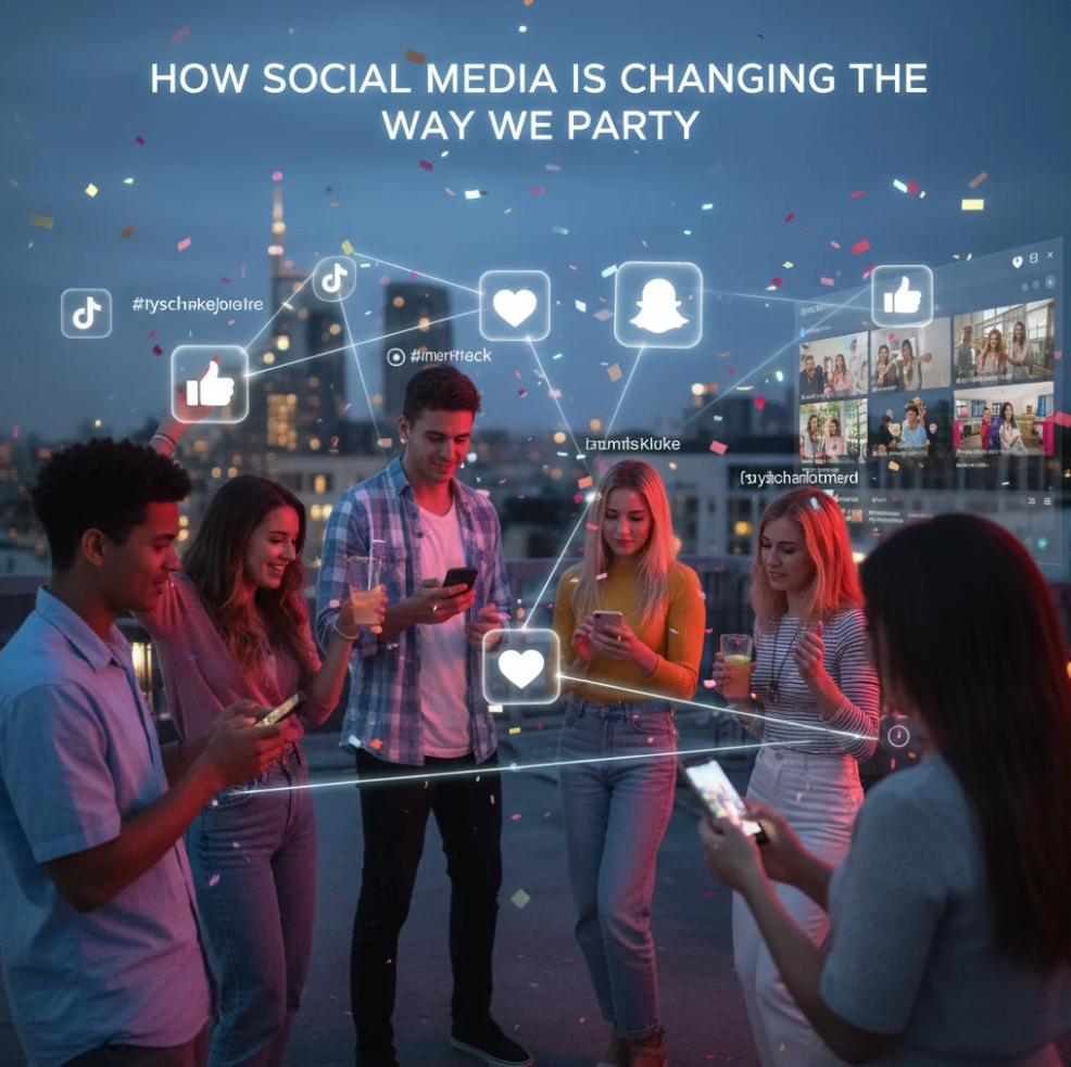 Group of friends at a party taking selfies for social media with colorful lights in the background