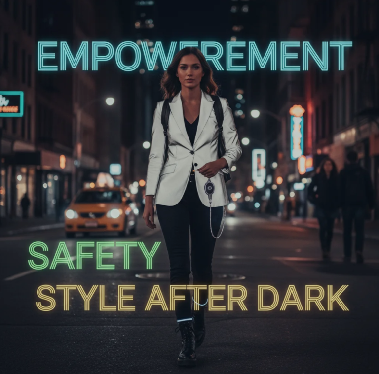 Seorang perempuan berpenampilan stylish berjalan di area nightlife modern dengan pencahayaan neon