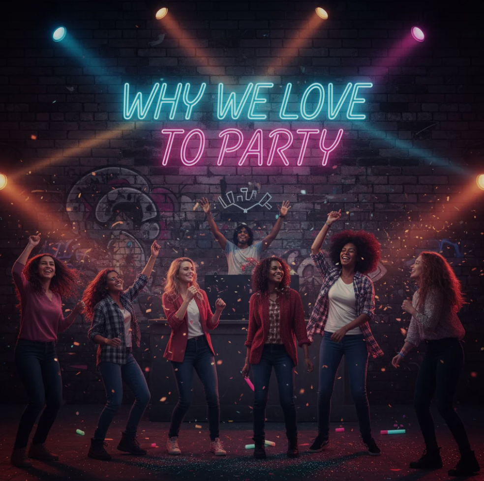 Vibrant nightlife scene with people dancing under colorful lights, DJ booth in the background, and energetic club atmosphere