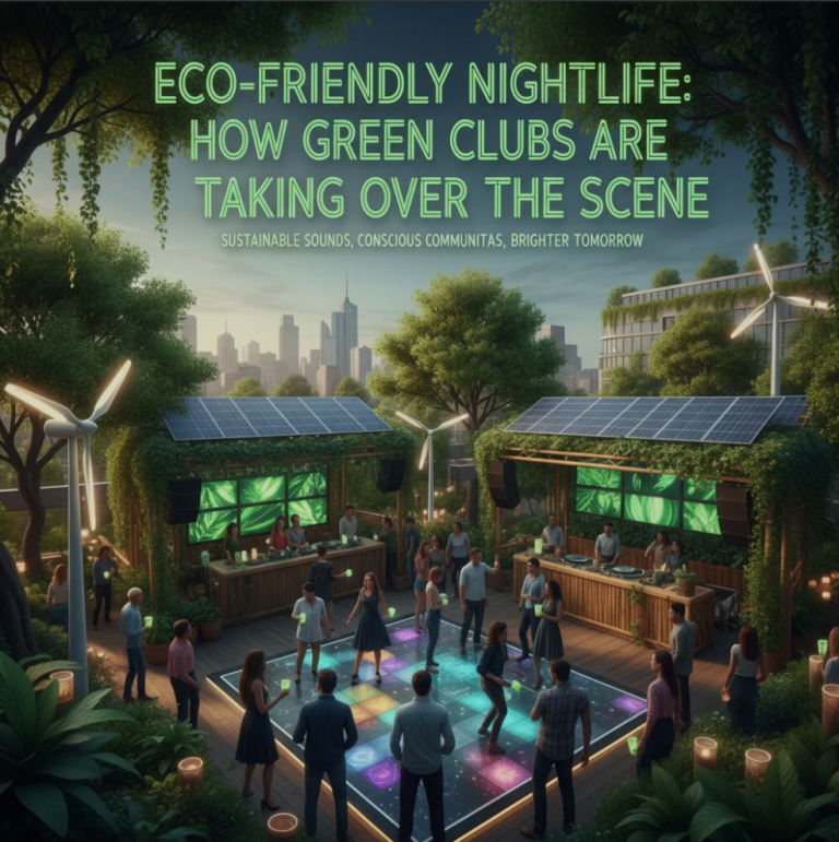 Modern eco-friendly nightclub interior with green LED lighting, recycled materials, and energy-efficient design elements