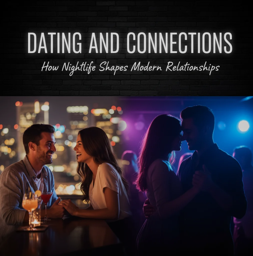 Young adults socializing in a nightlife setting with warm lights, music, and casual conversation representing how nightlife influences modern relationships