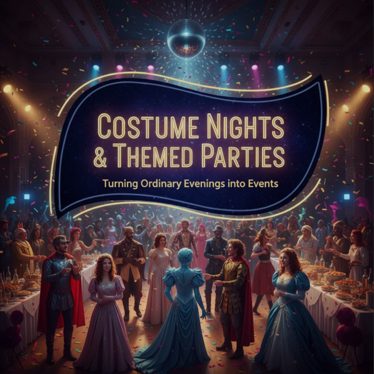 Group of friends in themed costumes laughing and dancing at a party