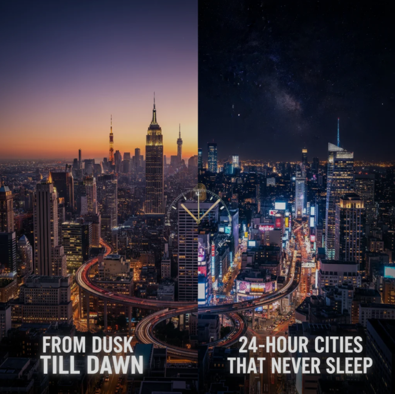 A glowing city skyline at night with bright lights, busy streets, and vibrant nightlife