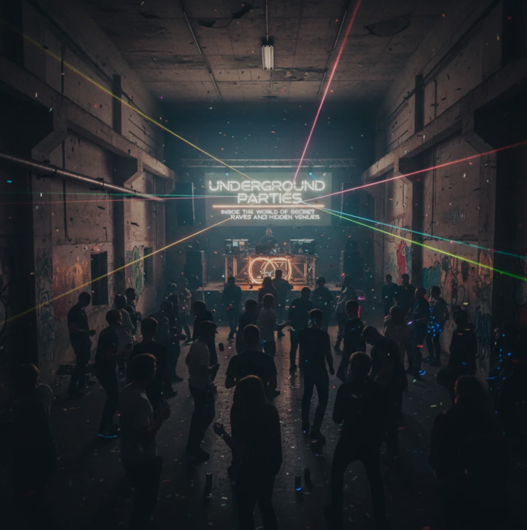 A dimly lit underground club filled with dancing people, neon lights, and a DJ booth.A dimly lit underground club filled with dancing people, neon lights, and a DJ booth.