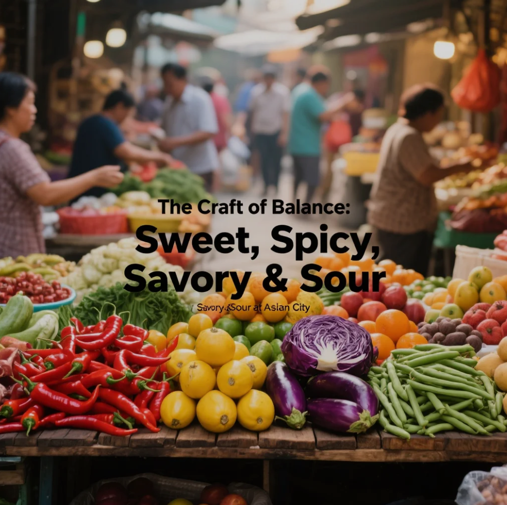 An assortment of Asian City dishes showing sweet, spicy, savory, and sour flavor elements arranged together