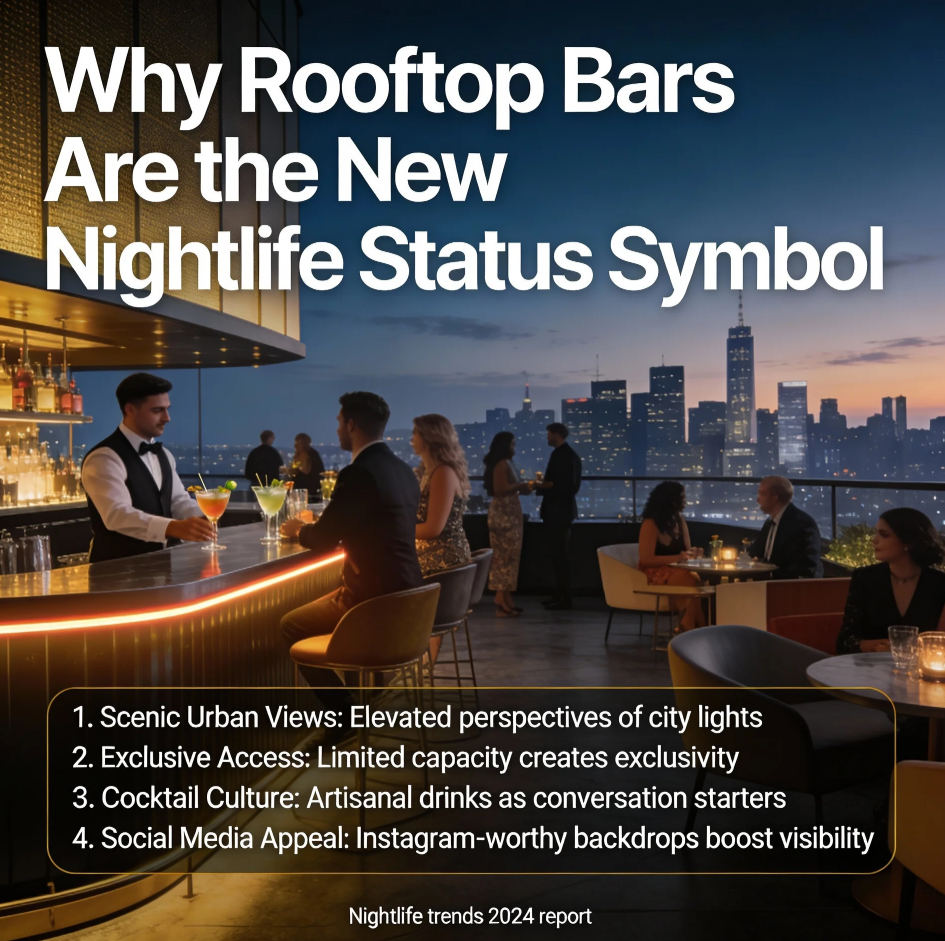Stylish rooftop bar at night with city skyline views and guests enjoying cocktails