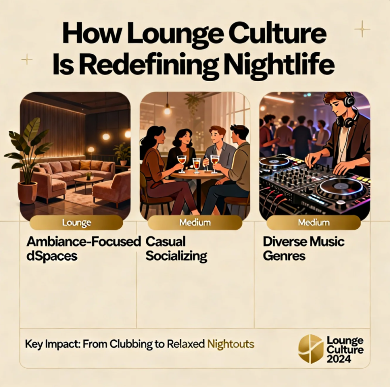 Modern lounge interior with ambient lighting, plush seating, and people enjoying relaxed social interactions