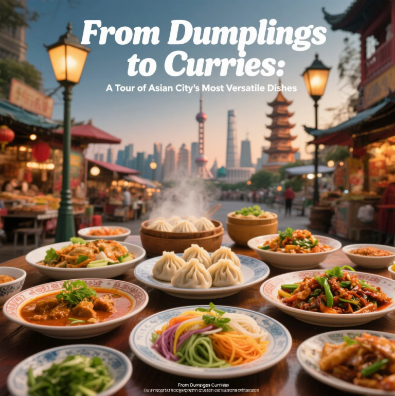 Assortment of Asian dumplings and colorful curries displayed on a vibrant dining table