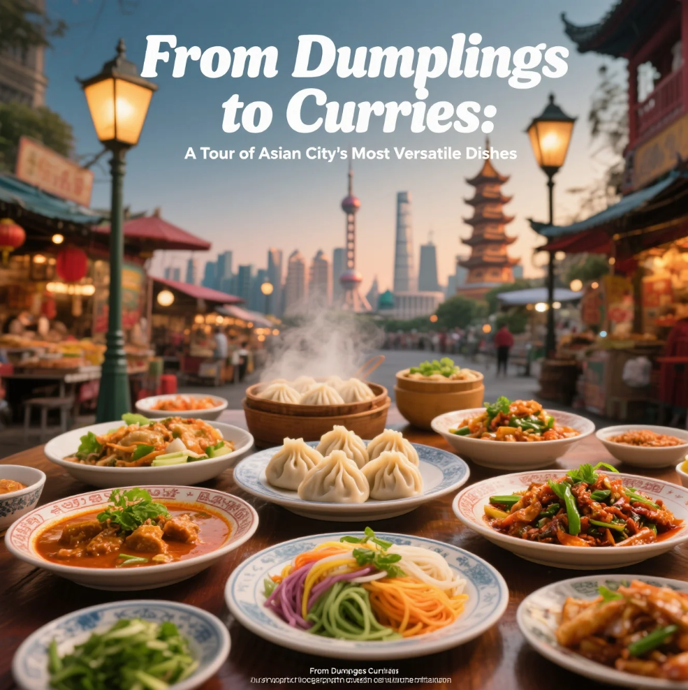 Assortment of Asian dumplings and colorful curries displayed on a vibrant dining table