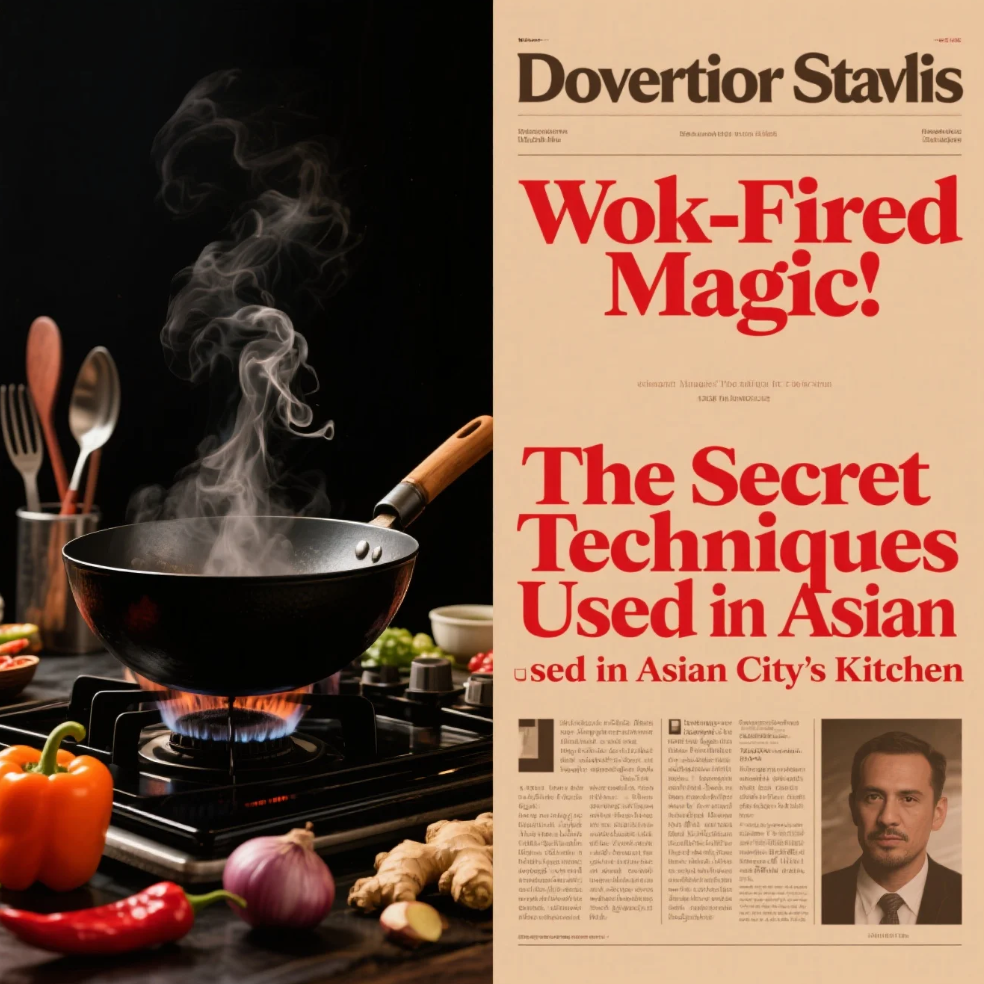 Chef tossing vegetables in a flaming wok inside an Asian restaurant kitchen