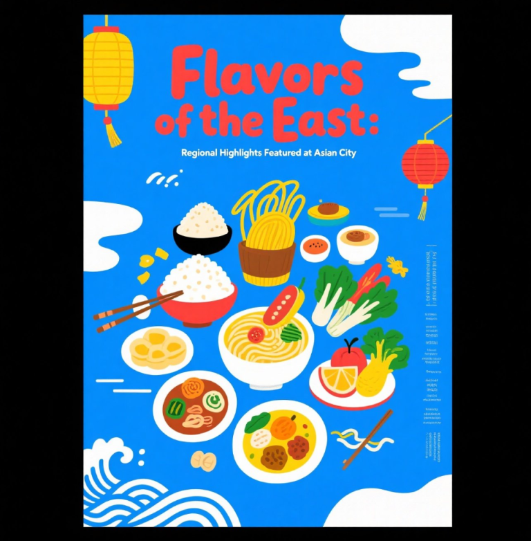 Assortment of Asian regional dishes representing Chinese, Thai, Japanese, and Southeast Asian flavors at Asian City