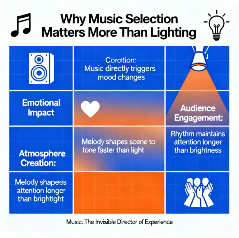 DJ selecting tracks for a crowd while lighting remains secondary to the music-driven atmosphere